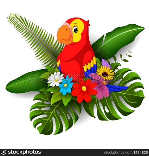 Cartoon parrot with tropical flower and leave background