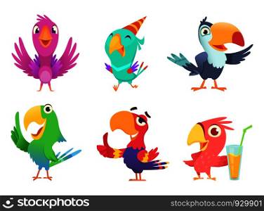Cartoon parrots characters. Cute feathered birds with colored wings funny exotic parrot various action poses vector pictures isolated. Parrot animal exotic, bird tropical cartoon illustration. Cartoon parrots characters. Cute feathered birds with colored wings funny exotic parrot various action poses vector pictures isolated