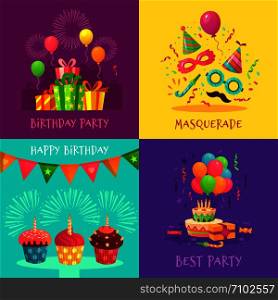 Cartoon party invitation cards. Celebration carnival masks, birthday party decorations and colourful cupcakes. Birth or anniversary congratulations postcard colorful vector illustration set. Cartoon party invitation cards. Celebration carnival masks, birthday party decorations and colourful cupcakes vector illustration set