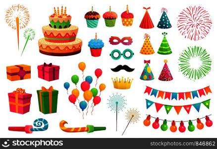 Cartoon party kit. Rocket fireworks, colorful balloons and birthday gifts. Carnival masks and sweet cupcakes, fireworks, balloons and cupcakes. Isolated vector illustration icons set. Cartoon party kit. Rocket fireworks, colorful balloons and birthday gifts. Carnival masks and sweet cupcakes vector illustration set