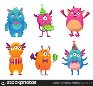 Cartoon party monsters celebrating happy event. Cute fluffy characters with friendly smiles holding birthday cake with candles and gift boxes. Funny colorful creatures with presents set. Cartoon party monsters celebrating happy event. Cute fluffy characters with friendly smiles holding birthday cake