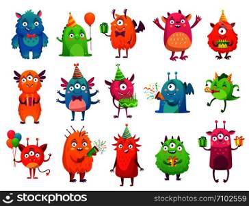 Cartoon party monsters. Cute monster happy birthday gifts, funny alien mascot and monster with greeting cake. bigfoot, troll and silly alien toys. Isolated vector illustration icons set. Cartoon party monsters. Cute monster happy birthday gifts, funny alien mascot and monster with greeting cake vector illustration set