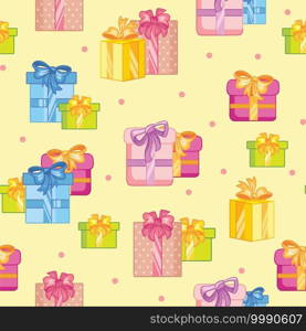 Cartoon party present boxes and confetti. Vector seamless pattern on yellow background. Illustration for party, print, baby shower, wallpaper, design, decor,design cushion, linen, dishes, packaging. Seamless vector pattern colorful party presents and confetti