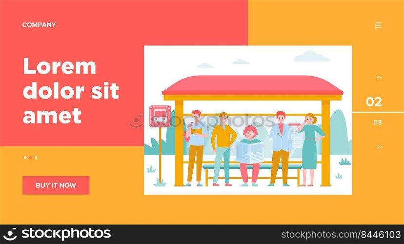 Cartoon passengers standing at bus stop flat vector illustration. Women and men waiting for public transport. Transportation, driving and conveyance concept