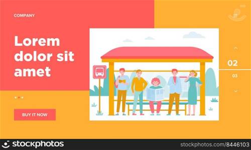 Cartoon passengers standing at bus stop flat vector illustration. Women and men waiting for public transport. Transportation, driving and conveyance concept