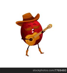 Cartoon passion fruit cowboy with guitar. Funny vector tropical fruit sheriff or ranger character playing on guitar and singing songs. Wild west mustached personage, healthy food. Cartoon passion fruit cowboy with guitar, mascot