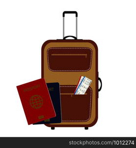 Cartoon passports,modern suitcase and boarding pass,isolated on white background,vector illustration. Cartoon passports,modern suitcase and boarding pass