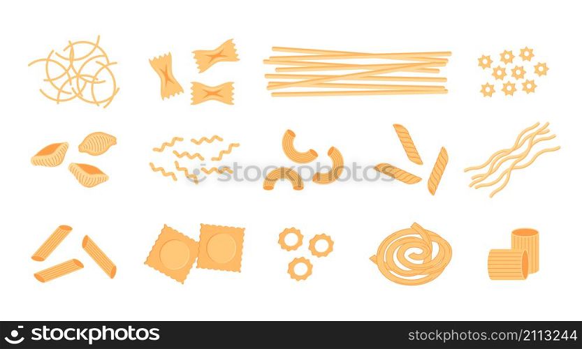 Cartoon pasta. Different types of Italian wheat noodles, spaghetti for restaurant menu. Vector set illustrations isolated ingredients raw wheat. Cartoon pasta. Different types of Italian wheat noodles, spaghetti for restaurant menu. Vector set