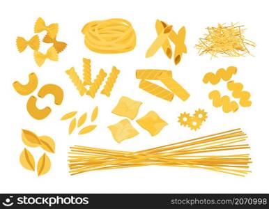 Cartoon pasta. Doodle macaroni. Italian different types of wheat food. Delicious yellow farfalle or spaghetti. Isolated tasty tagliatelle and cavatappi. Raw fusilli or penne. Vector flour products set. Cartoon pasta. Doodle macaroni. Italian different types of wheat food. Delicious farfalle or spaghetti. Isolated tagliatelle and cavatappi. Raw fusilli or penne. Vector flour products set