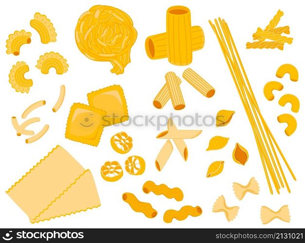 Cartoon pasta. Flat spaghetti, penne and tagliatelle, italian dried ingredients, uncooked semi finished products, raviolis and lasagna, italian traditional food, cooking elements, vector isolated set. Cartoon pasta. Flat spaghetti, penne and tagliatelle, italian dried ingredients, uncooked semi finished products, raviolis and lasagna, italian traditional food, vector isolated set