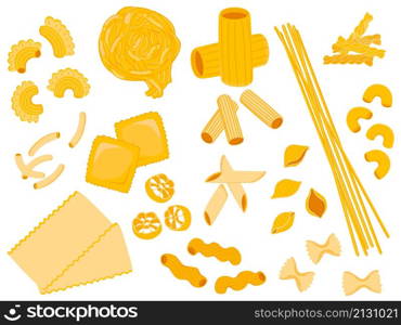 Cartoon pasta. Flat spaghetti, penne and tagliatelle, italian dried ingredients, uncooked semi finished products, raviolis and lasagna, italian traditional food, cooking elements, vector isolated set. Cartoon pasta. Flat spaghetti, penne and tagliatelle, italian dried ingredients, uncooked semi finished products, raviolis and lasagna, italian traditional food, vector isolated set