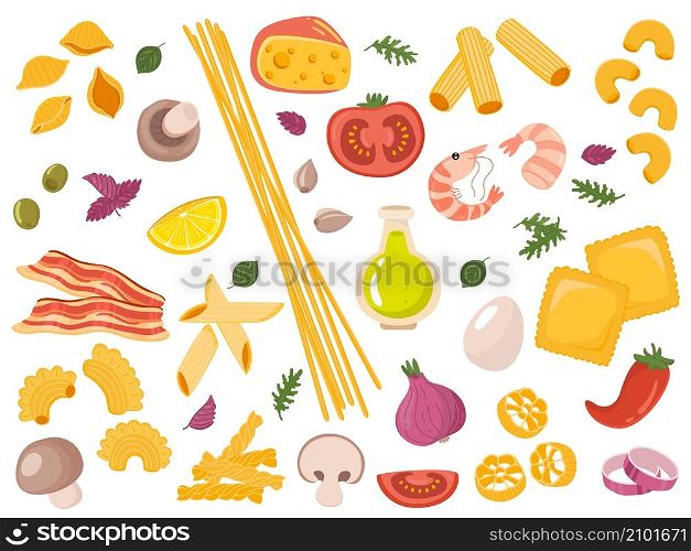 Cartoon pasta foods. Italian dry products, uncooked semi finished meal, different types, raw spaghetti, tagliatelle, fusilli and vegetables, seafood and spices, hand drawn vector cartoon isolated set. Cartoon pasta foods. Italian dry products, uncooked semi finished meal, different types, raw spaghetti, tagliatelle, fusilli and vegetables, seafood and spices, vector isolated set