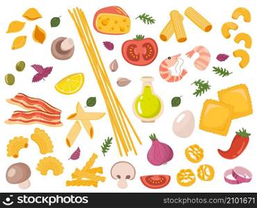 Cartoon pasta foods. Italian dry products, uncooked semi finished meal, different types, raw spaghetti, tagliatelle, fusilli and vegetables, seafood and spices, hand drawn vector cartoon isolated set. Cartoon pasta foods. Italian dry products, uncooked semi finished meal, different types, raw spaghetti, tagliatelle, fusilli and vegetables, seafood and spices, vector isolated set