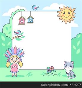 Cartoon pastel children summer frame with girl injun costume and cute cat vector illustration. Colored natural forest landscape festive kid template birthday invitation with place for photo or text. Cartoon pastel children summer frame with girl injun costume and cute cat vector illustration