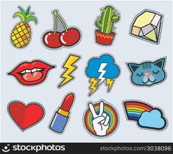 Cartoon patch badges vector stock. Cartoon patch badges vector stock. Peace and love, cactus and cherry illustration