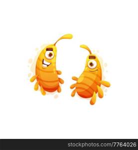Cartoon pathogen cells characters, vector funny virus, microbe or bacteria. Smiling micro organism couple division into two daughter cells with same genetic material. Cute one-eyed smiling germs. Cartoon pathogen cells characters, vector virus