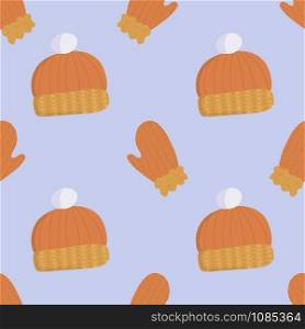 Cartoon pattern with wool winter orange hat on soft blue backdrop for wallpaper design, wrapping paper, fabric, textile. Seamless vector background.. Cartoon pattern with wool winter orange hat on soft blue backdrop