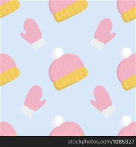 Cartoon pattern with wool winter pink and yellow hat on soft blue backdrop for wallpaper design, wrapping paper, fabric, textile. Seamless vector background.. Cartoon pattern with wool winter pink and yellow hat on soft blue backdrop