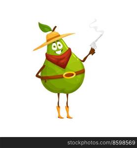 Cartoon pear cowboy personage character. Funny vector fruit ranger with steaming gun wear hat, bandana, belt and boots. Sweet garden plant wild west hero, western healthy food, vitamin green pear. Cartoon pear cowboy or ranger personage character
