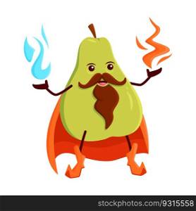 Cartoon pear fruit wizard or magician character. Funny ripe vector sorcerer, mage, vitamin food personage in cape with magic fire in hands. Smiling mustached wiz pear fruit enchanter or necromancer. Cartoon pear fruit wizard or magician character