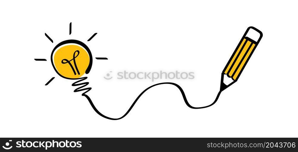 Cartoon pen writing a lamp idea icon. Black pencil line pattern with brush strokes, brushes lines. Vector sign. Faq, Brilliant lightbulb ideas. Education or invention pictogram. Business concept.