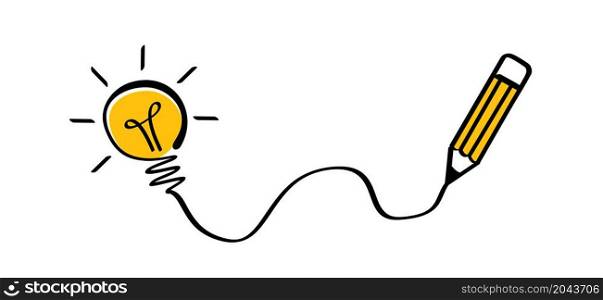 Cartoon pen writing a lamp idea icon. Black pencil line pattern with brush strokes, brushes lines. Vector sign. Faq, Brilliant lightbulb ideas. Education or invention pictogram. Business concept.