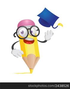 Cartoon pencil realistic vector illustration. Glasses, graduation cap, cute character. Elementary school concept. Design element for banners, posters, leaflets and brochures.