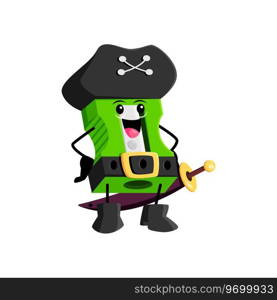 Cartoon pencil sharpener school supply pirate and corsair character. Isolated vector stationery tool personage stands tall with a tri-cornered hat, ready for swashbuckling adventures on the high seas. Cartoon pencil sharpener school supply pirate