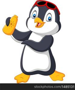 Cartoon penguin holding a sunblock bottle lotion cream