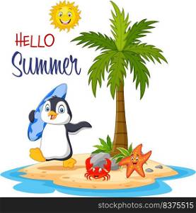 Cartoon penguin holding a surfboard in the tropical island