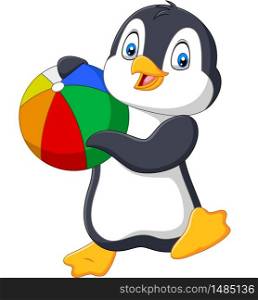 Cartoon penguin holding beach ball