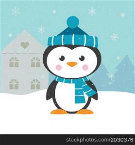 cartoon penguin isolated on winter background, christmas card with snowflakes, snow, house, fir trees and cute animal in a hat and scarves. cartoon penguin isolated on winter background, christmas card with snowflakes