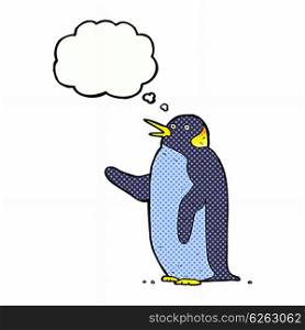 cartoon penguin waving with thought bubble