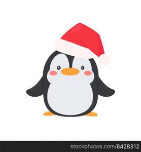 Cartoon penguin wearing a red christmas hat is happy in w∫er
