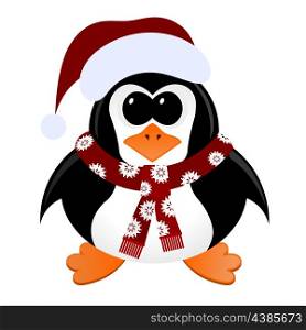 Cartoon penguin with Christmas hat and scarf