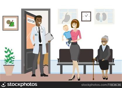 Cartoon people are waiting and talk,african american male doctor in front of the office,flat vector illustration. african american male doctor in front of the office
