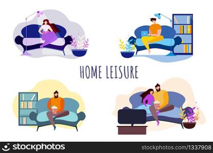 Cartoon People at Home. Leisure Evening Entertainment Vector Illustration. Couple Watch TV Show, Girl Read, Man with Notebook Work Online. Male Sit on Sofa with Popcorn. Family Night Indoors Relax. Cartoon People Home Leisure Evening Entertainment