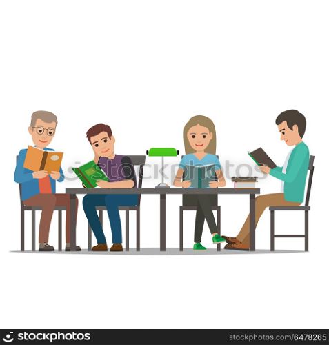 Cartoon People at Table Read Books. Library Room. Four characters, men and women, sit at table with lamp on it and read books on white background. Education process illustration. Cartoon characters in library room isolated vector illustration.