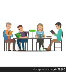 Cartoon People at Table Read Books. Library Room. Four characters, men and women, sit at table with lamp on it and read books on white background. Education process illustration. Cartoon characters in library room isolated vector illustration.