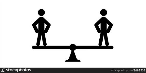 Cartoon people balance on seesaw. Team Balance, Stickman perfect balance, unstable equilibrium. teamwork concept. Business balance. Conceptual business. Users on scale. weight icon.