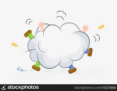 Cartoon people battle each other at fight smoke isolated on white background. Two aggressive male tussle hitting fist and leg having disagreement fighting in smoking cloud vector graphic illustration. Cartoon people battle each other at fight smoke isolated on white background