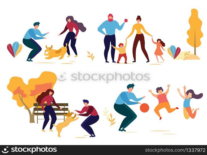 Cartoon People Character in Park Vector Illustration. Man Woman Play with Dog. Family Walk Mother Daughter Son Father. Children Jump Game with Ball. Autumn Season Outdoors. Activity Nature Leisure. Cartoon Man Woman Dog Family Character in Park