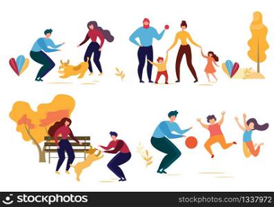 Cartoon People Character in Park Vector Illustration. Man Woman Play with Dog. Family Walk Mother Daughter Son Father. Children Jump Game with Ball. Autumn Season Outdoors. Activity Nature Leisure. Cartoon Man Woman Dog Family Character in Park