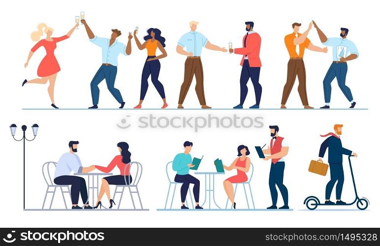 Cartoon People Characters Celebrating Business Success or Party Event, Communicating on Romantic Dating or Formal Meeting, Going on Work by Eco Friendly Transport Flat Set. Vector Illustration. People Celebrating Party, Dating, Working Set