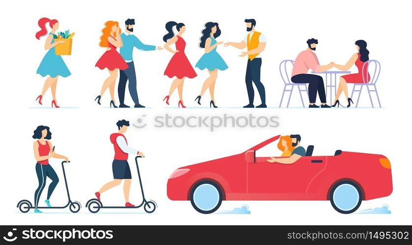 Cartoon People Characters Daily Routine Set. Couple in Love, Female Friends, Woman Along. Meeting, Shopping, Resting and Dating in Cafe, Riding Eco-Friendly Transport, Driving Car. Vector Illustration. Cartoon People Characters Daily Routine Flat Set