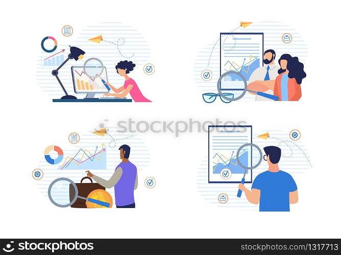 Cartoon People Characters Doing Financial Data Analysis Set. Digital Marketing and Trading Strategy. Increase Investment Revenue. Audit and Accounting. Market Analytic Report. Vector Illustration. Cartoon People Doing Financial Data Analysis Set