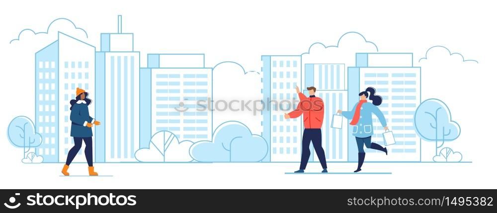 Cartoon People Characters Wearing Warm Clothes Walking on City Street. Man and Women in Outerwear Resting Outdoors. Married Couple after Shopping Meet Friend. Flat Urban Scene. Vector Illustration. People in Warm Clothes Walking on City Street