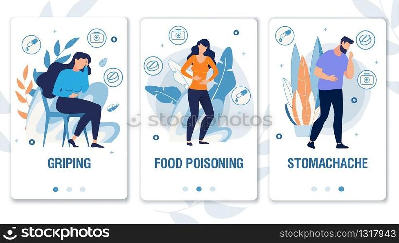 Cartoon People Characters with Weakness Symptoms, Suffering from Pain. Griping, Food Poisoning, Stomachache. Mobile Social Media Landing Page Set. Telemedicine. Foliage Design. Vector Illustration. Landing Page Set and People Have Weakness Symptoms
