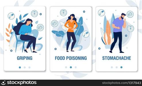 Cartoon People Characters with Weakness Symptoms, Suffering from Pain. Griping, Food Poisoning, Stomachache. Mobile Social Media Landing Page Set. Telemedicine. Foliage Design. Vector Illustration. Landing Page Set and People Have Weakness Symptoms