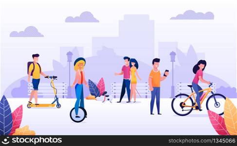 Cartoon People City Dwellers Spending Time Outdoors Illustration. Happy Summer Time, Recreation in Public Park. Vector Male and Female Characters Cycling, Scooting, Walking. Healthy Lifestyle. Cartoon People Spending Time Outdoors Illustration